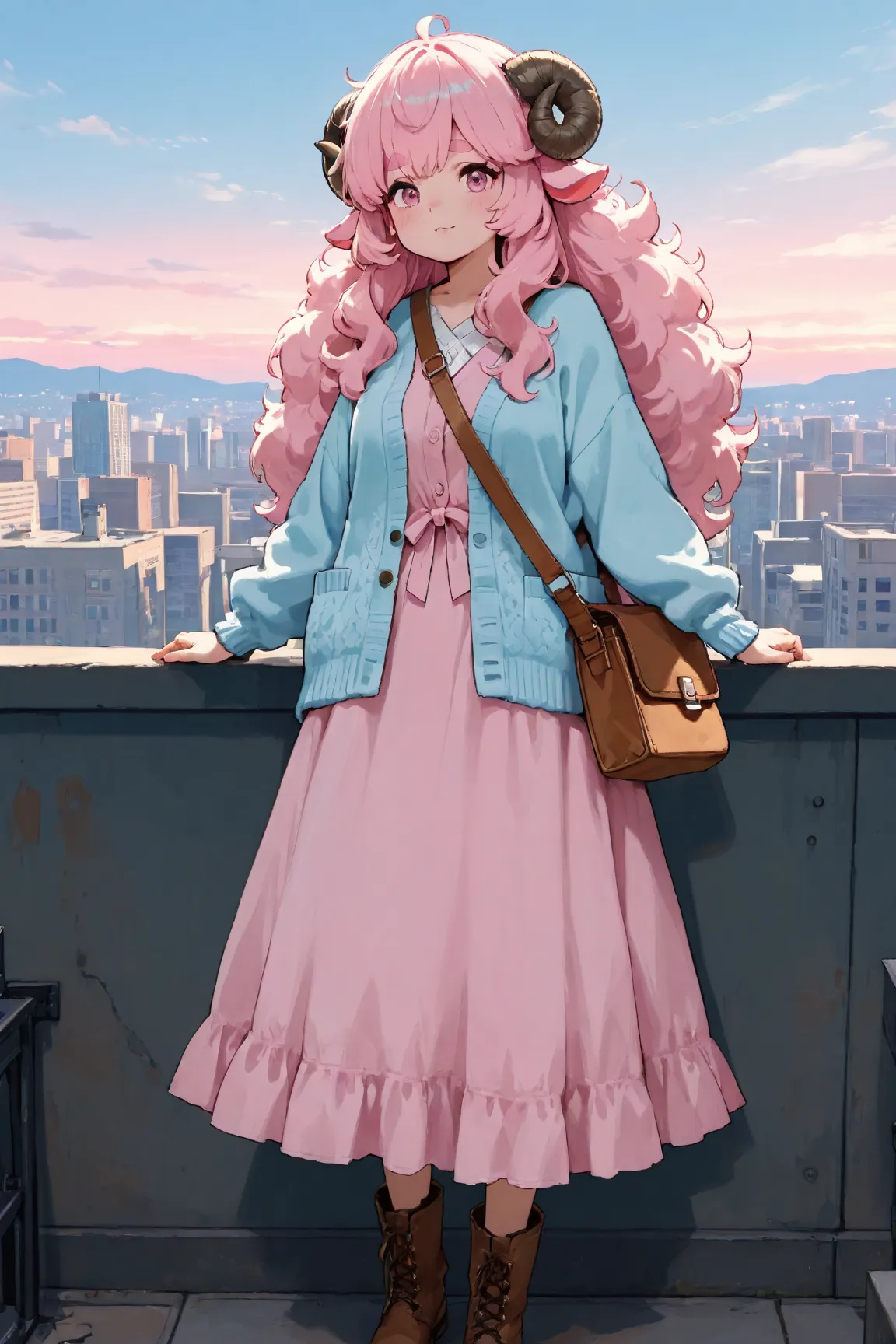 masterpiece, best quality, amazing quality, very aesthetic, high resolution, ultra-detailed, absurdres, newest, Anime screencap, highly detailed, high quality, Intricate:1.4, BREAK, (1girl, ひつじちゃん,  fluffy hair\long\pink, thick eyebrows:1.1, round sheep ho...