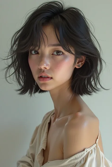 Create a realistic short black-haired white woman in a mulet with bangs and with men's clothing and a half Asian appearance