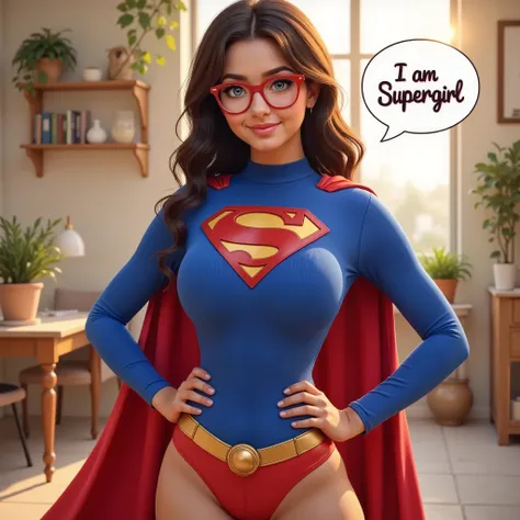 Depict a 17-year-old Latina girl with dark chocolate skin, radiating joy and confidence as she embodies SUPERGIRL. She stands gracefully, hands on her hips, in a classic SUPERGirl pose. She wears a pristine BLUE long-sleeved turtleneck leotard, modified wi...