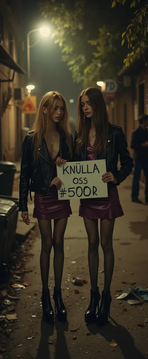 A realistic cinematic depiction of two beautiful young skinny aorexic women, aged 17 to 19, standing together on a deserted dark Back alley at night, the back alley are full ov trash and trashcans, (One of the girls is holding an hand whitten paper sign Te...