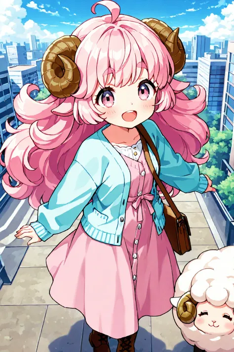 masterpiece, best quality, amazing quality, very aesthetic, high resolution, ultra-detailed, absurdres, newest, Anime screencap, highly detailed, high quality, Intricate:1.4, BREAK, (1girl, ひつじちゃん,  fluffy hair\long\pink, thick eyebrows:1.1, round sheep ho...