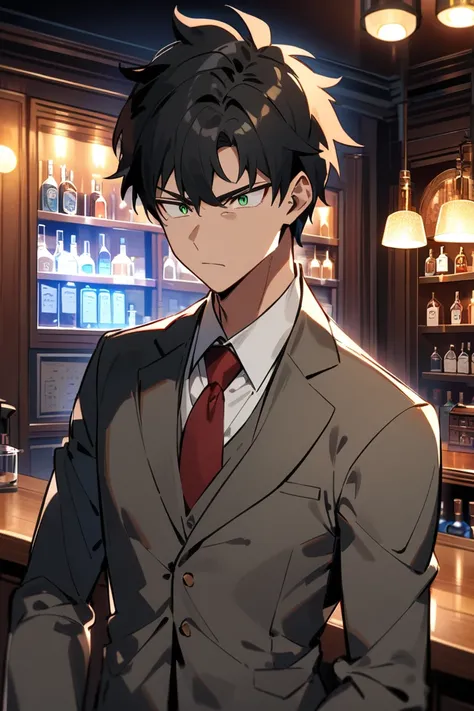 A young man with an intense look and distinct features, with black hair and green eyes. He wears an office suit and the background is the interior of a bar. The image shows the man from the waist up in anime style 