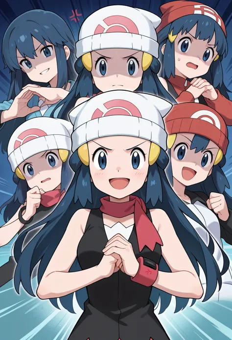 score_9, score_8_up, score_7_up, source_anime, pokemon dawn, dark blue hair, blue eyes, sidelocks, long hair, hat, beanie, white headwear, medium breasts, cracking knuckles, shaded face, open mouth, looking at viewer, looking down, fist in hand, own hands ...