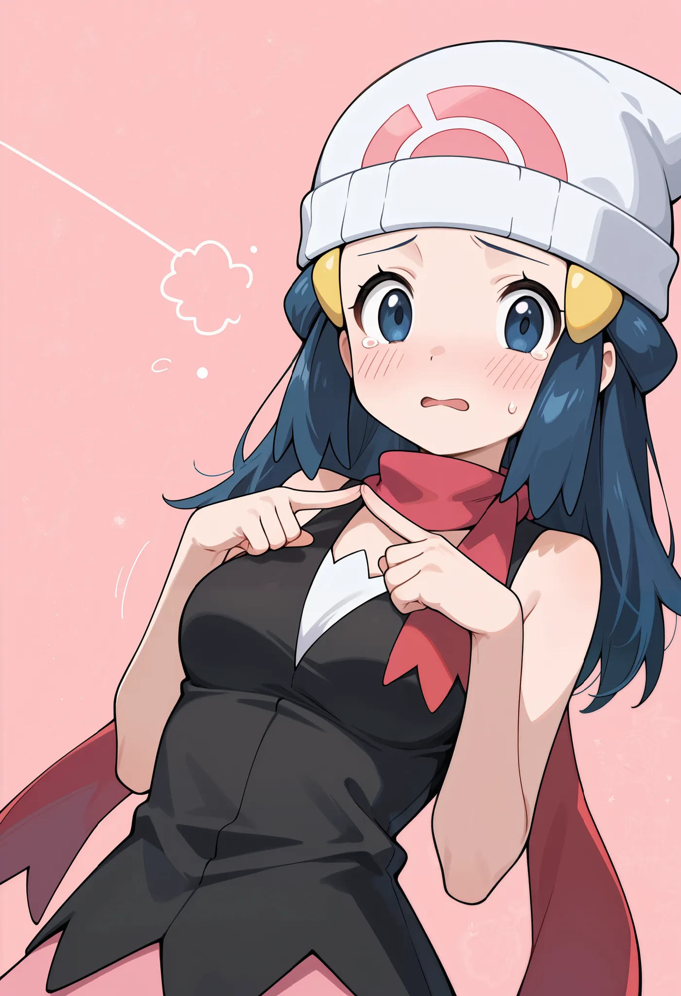 score_9, score_8_up, score_7_up, source_anime, 1girl. solo. pokemon dawn, dark blue hair, blue eyes, sidelocks, long hair, hat, beanie, white headwear, medium breasts, fidgeting index fingers together, index fingers together, open mouth, looking at viewer,...