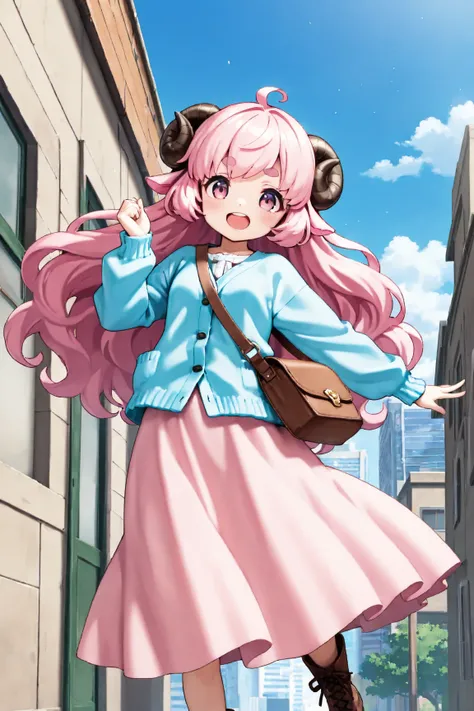 masterpiece, best quality, amazing quality, very aesthetic, high resolution, ultra-detailed, absurdres, newest, Anime screencap, highly detailed, high quality, Intricate:1.4, BREAK, (1girl, ひつじちゃん,  fluffy hair\long\pink, thick eyebrows:1.1, round sheep ho...