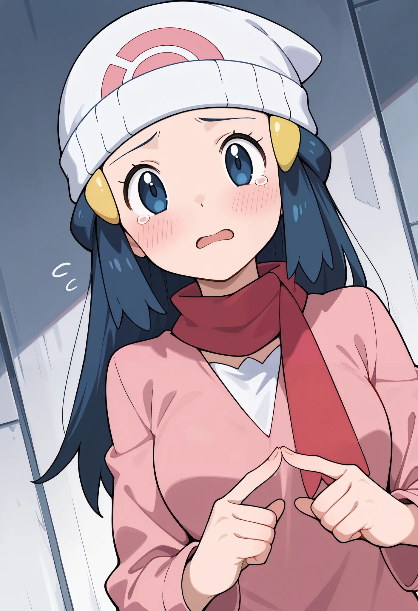 score_9, score_8_up, score_7_up, source_anime, 1girl. solo. pokemon dawn, dark blue hair, blue eyes, sidelocks, long hair, hat, beanie, white headwear, medium breasts, fidgeting index fingers together, index fingers together, open mouth, looking at viewer,...