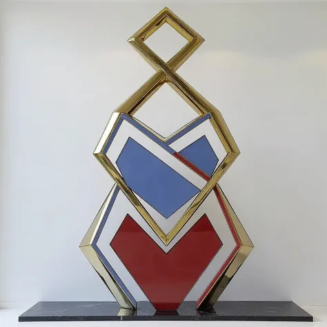 Large statue of an entwined monogram of the letters "S.N.M.", S is on top and is gold, then blue N, then red M, style of a modern artistic sharp looking statue with metallic glossy paint, inside an empty marble black and white display