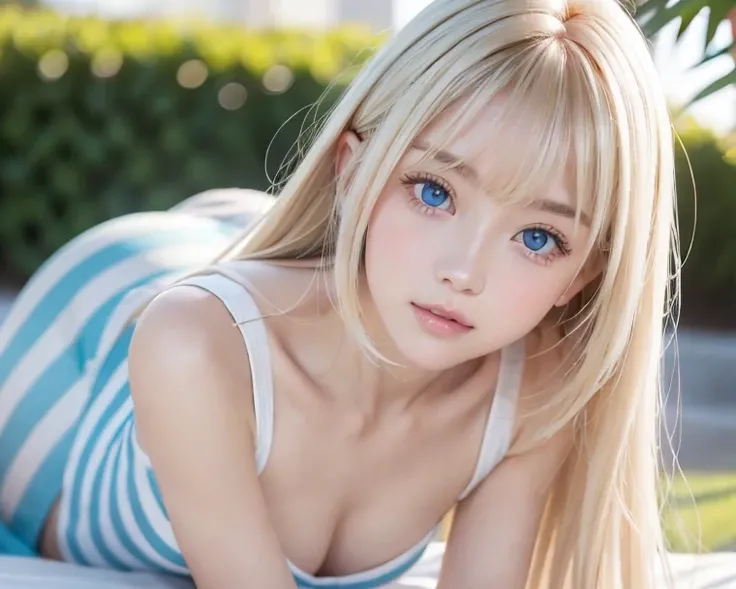  beautiful cute face, beautiful beautiful blonde hair , Half Body Shot ,美しい長いbangs, beautiful cute hair between the eyes , striped hair,Round face、very bright pale light blue eyes、big eyes、pure white beautiful skin 、 the luster of young cheeks 、Pink dress、...