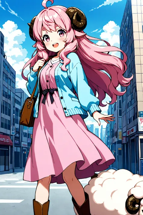 masterpiece, best quality, amazing quality, very aesthetic, high resolution, ultra-detailed, absurdres, newest, Anime screencap, highly detailed, high quality, Intricate:1.4, BREAK, (1girl, ひつじちゃん,  fluffy hair\long\pink, thick eyebrows:1.1, round sheep ho...