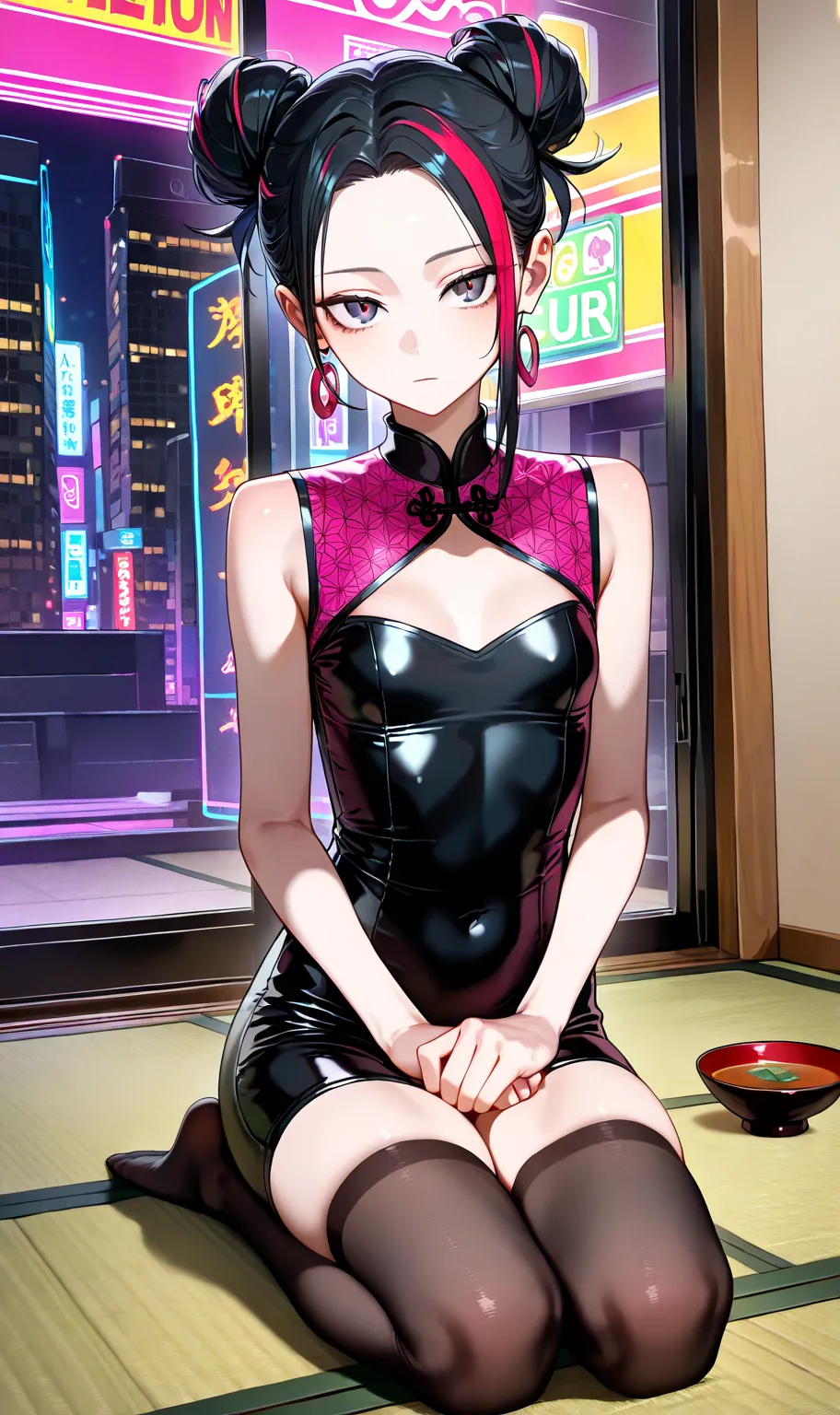 sfw, gyaru, cool beauty, facing viewer, retro future, cyberpunk background, solo girl, japan hairstyle, black hair, streaked hair, small breast, [emaciated:1.3], expressionless, Polite, simple long wahuku, figure pattern wear, seiza, no shoes, tatami, tea_...