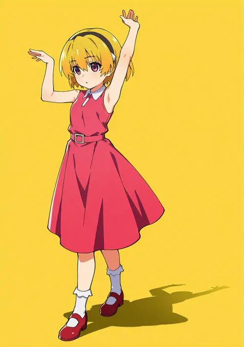 satokoIllustrious, short hair, bangs, blonde hair, hair between eyes, purple eyes, black hairband, 1 girl, solo,  dress, is standing,  full body, shoes, sleeveless,  socks,  arms raised, sleeveless  dress, shadow, red footwear,  yellow background, ダークブルー  ...