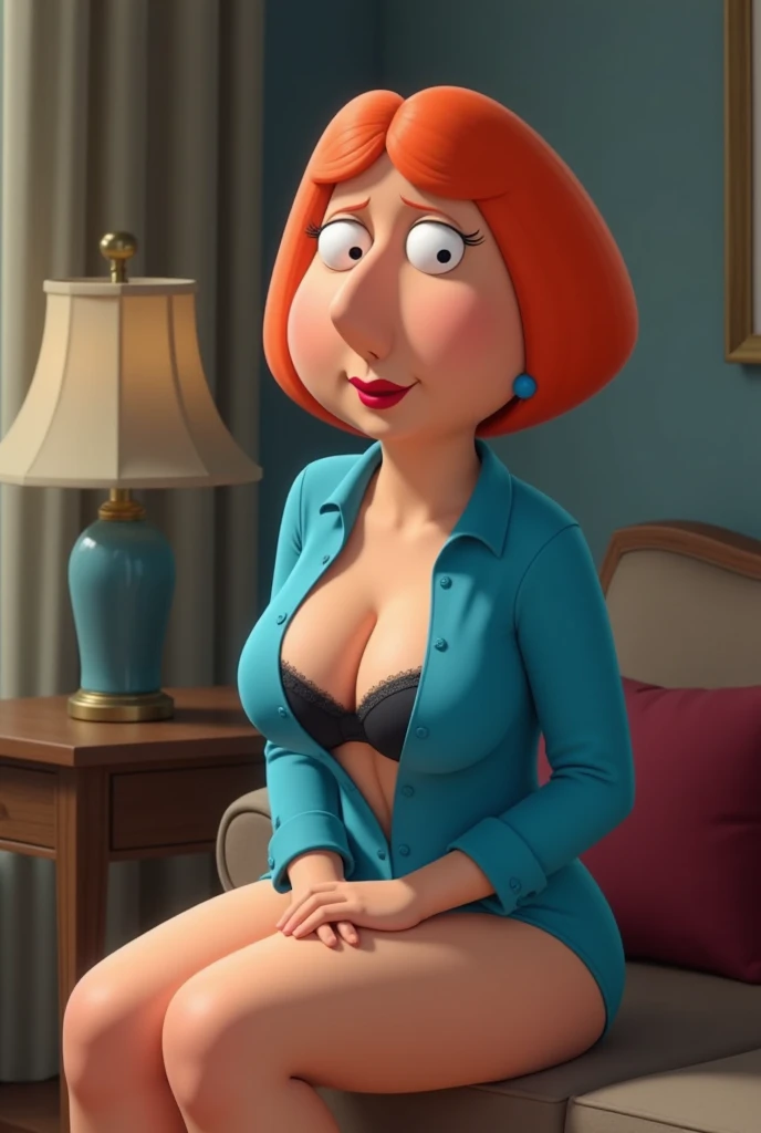 lois Griffin, 1 girl, blue earrings, short hair, alone, lipstick, realistic digital art, orange hair, realistic, smile. Lois Griffin, 3D, hyper realistic, masterpiece, voluptuous, lipstick, makehoch, orange hair, lederrock, no geil, im bett, Details, Quali...