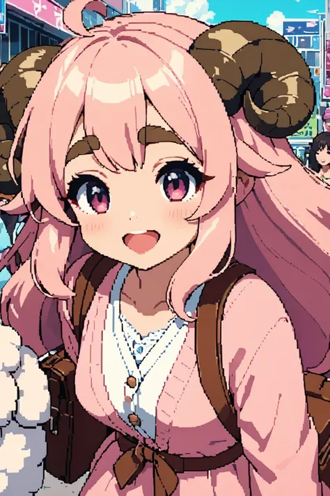 masterpiece, best quality, amazing quality, very aesthetic, high resolution, ultra-detailed, absurdres, newest, Anime screencap, highly detailed, high quality, Intricate:1.4, BREAK, (1girl, ひつじちゃん,  fluffy hair\long\pink, thick eyebrows:1.1, round sheep ho...