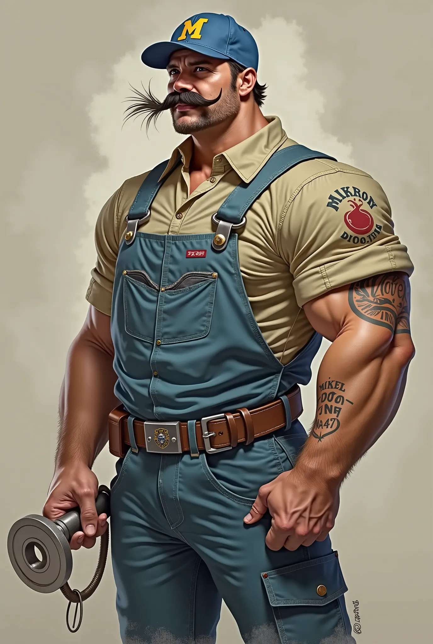 Should be the whole character of super Marja with a mustache. Super Marjo is a man with a strong body and arms. It has a blue cap with the letter M on the galva. He is dressed in a farmer's work suit, on his left hand he has a tattooed MIKRON DOO JNA 47 th...