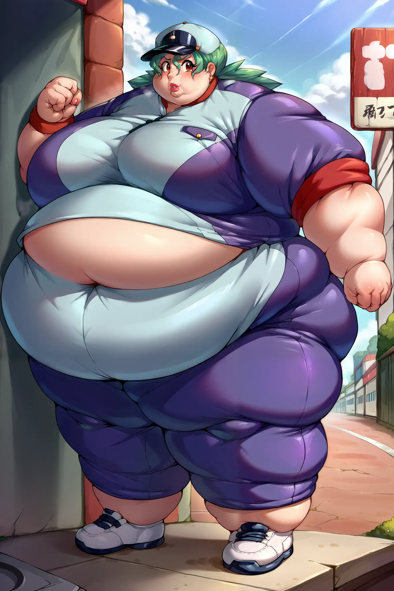 score_9, score_8_up, score_7_up, score_6_up, source_anime, BREAK 1girl pkmnJenny, green hair, blue tracksuit, shoes, looking at viewer,huge breasts, fat, chubby, obese, gigantic arms and legs, gigantic arms and legs, morbidly obese, blob, gaint hands, gain...