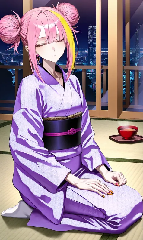 sfw, gyaru, cool beauty, facing viewer, retro future, cyberpunk background, solo girl, japan hairstyle, streaked hair, small breast, [emaciated:1.3], expressionless, Polite, simple long wahuku, figure pattern wear, seiza, no shoes, tatami, tea_bowl on side...