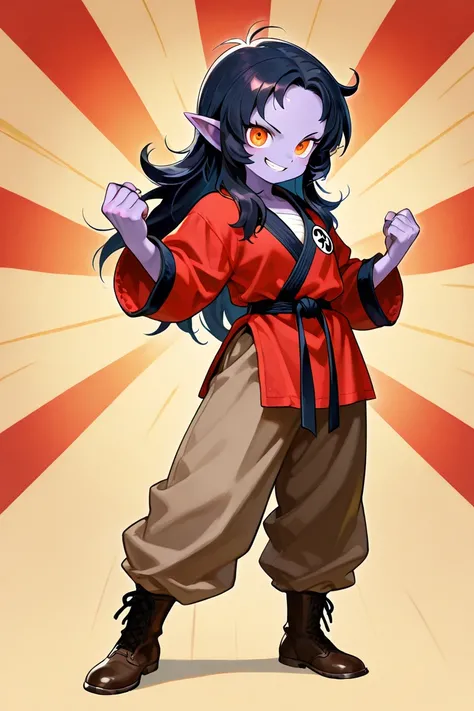 female, pointy ears, purple skin, martial arts gi, red top, brown baggy pants, circus symbol, dark brown boots, long dark blue shaggy hair, big forehead, orange eyes, solo, delinquent smile