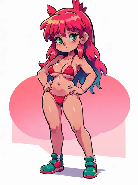 uhd, face detail, (MICRO BIKINI, red bikini), 1girl, white background: 1.5,zzNukuNuku, green eyes, pink hair, long hair, robot ears, retro artstyle, 1990s (style), sfw, clean, master piece
