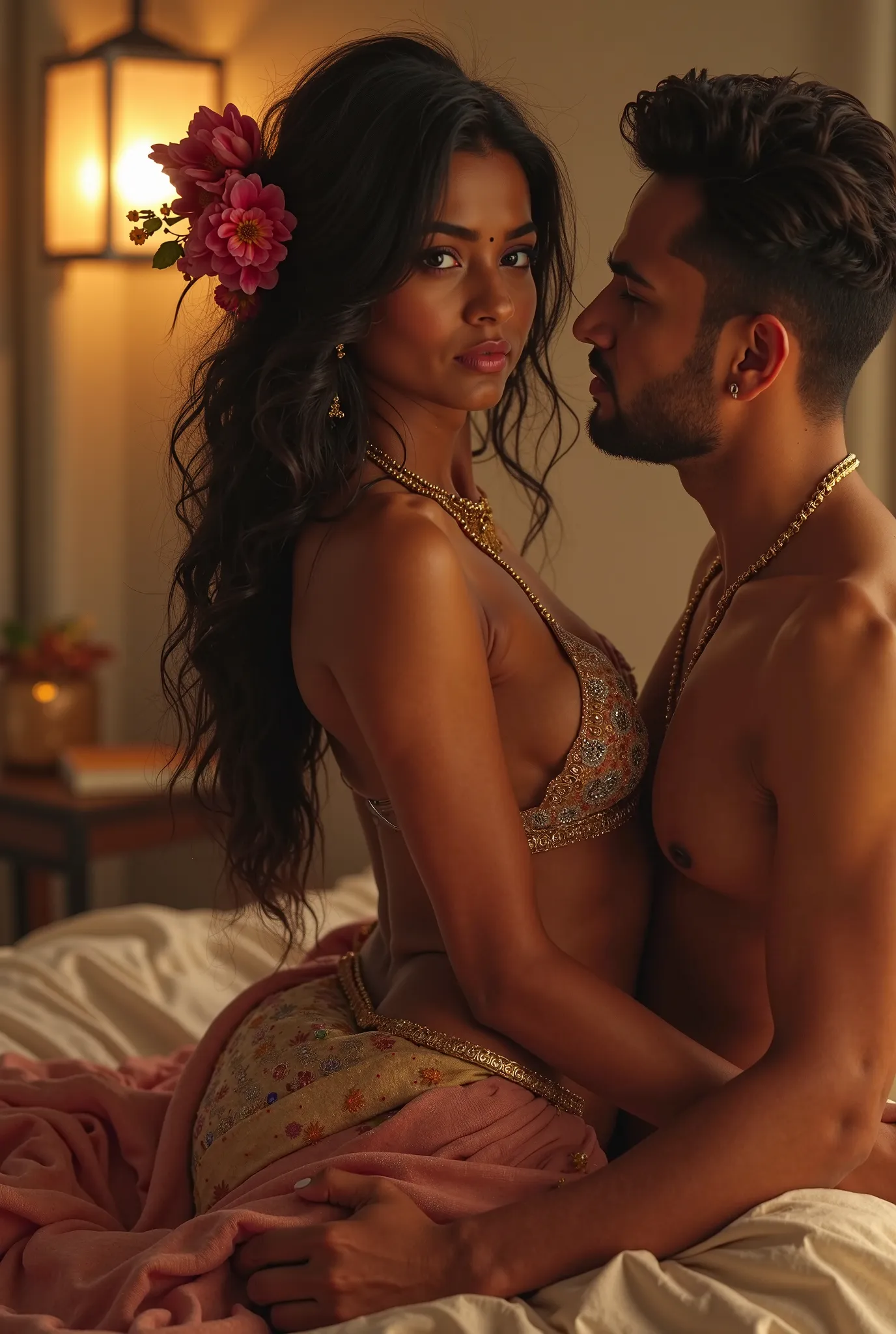 In a honeymoon suite room a Lean desi south indian woman wearing mangalsutra in neck and garland in hair looking hot with boyfriend infront of a man; removed clothes 