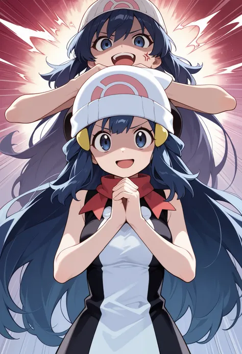 score_9, score_8_up, score_7_up, source_anime, pokemon dawn, dark blue hair, blue eyes, sidelocks, long hair, hat, beanie, white headwear, medium breasts, cracking knuckles, shaded face, open mouth, looking at viewer, looking down, fist in hand, own hands ...