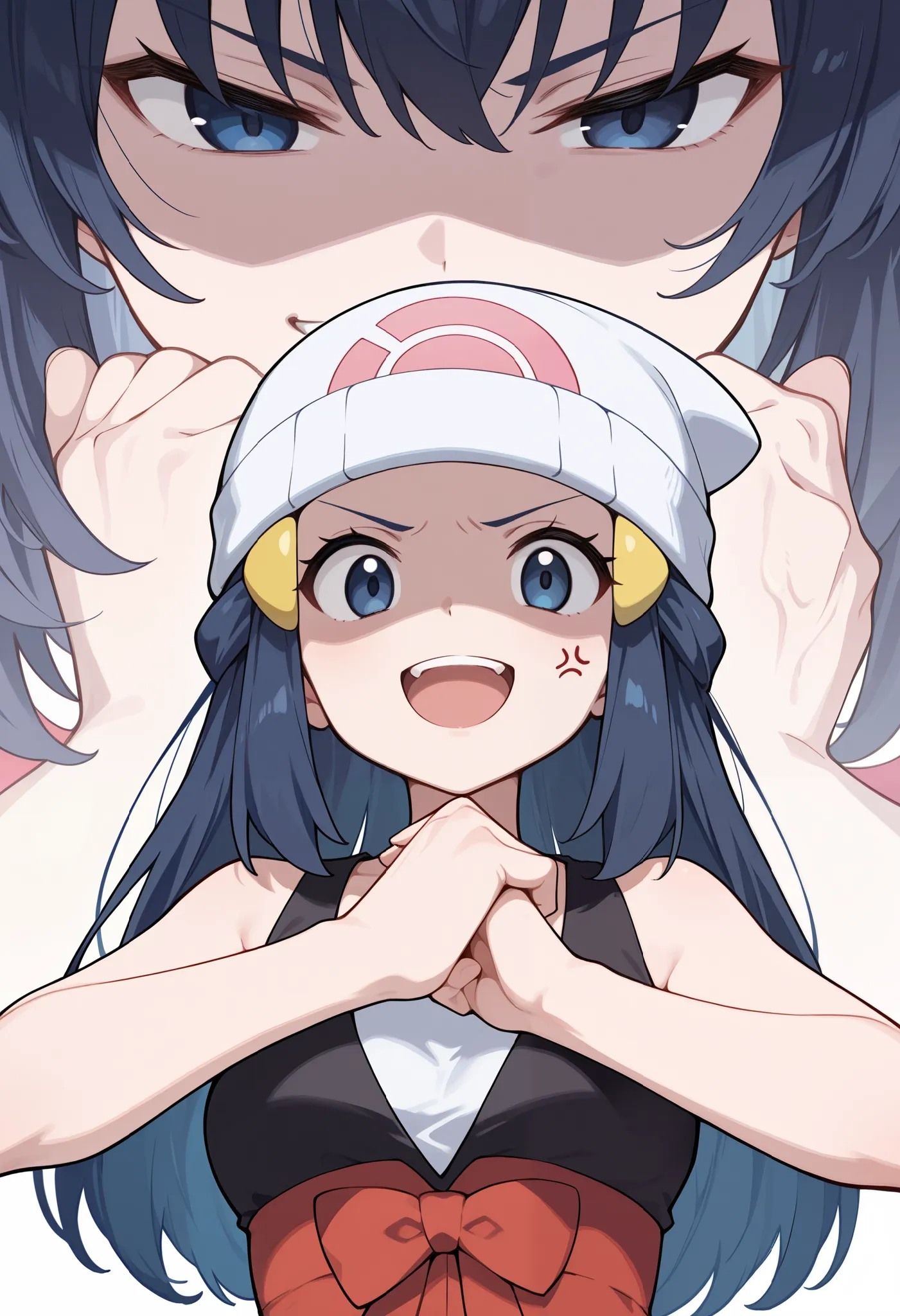 score_9, score_8_up, score_7_up, source_anime, pokemon dawn, dark blue hair, blue eyes, sidelocks, long hair, hat, beanie, white headwear, medium breasts, cracking knuckles, shaded face, open mouth, looking at viewer, looking down, fist in hand, own hands ...