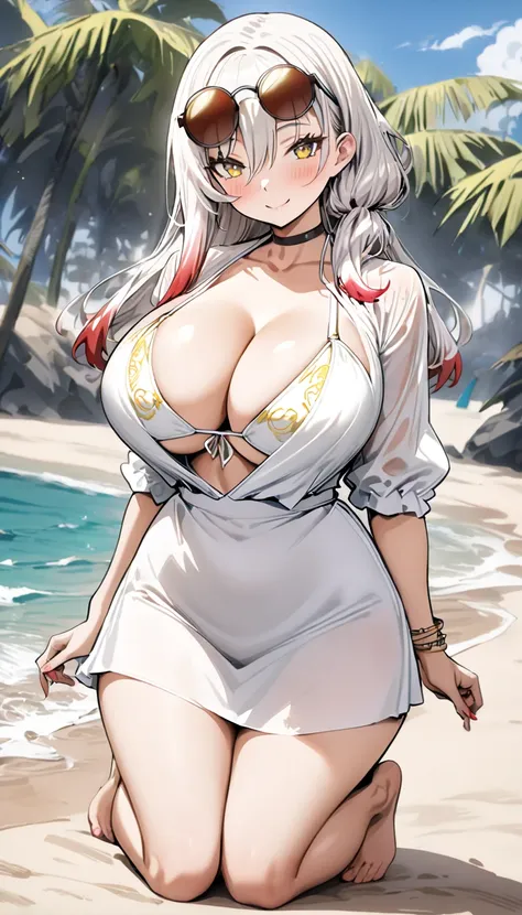 ((Masterpiece)), (( High quality)), 1 girl, alone, ((full body)), (((white hair with red tips, hairstyle with a single round ))), yellow eyes,  sunglasses on the head, ( smile, blush), large breasts, big thighs,  choker ,  bracelets , (white bikini with ye...