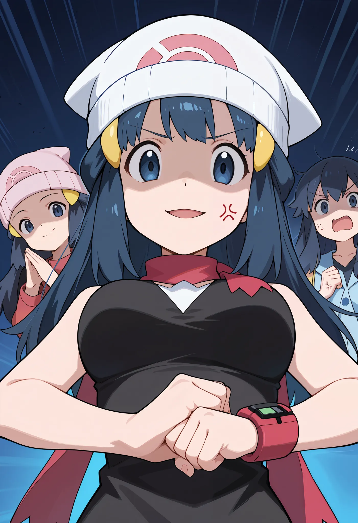 score_9, score_8_up, score_7_up, source_anime, pokemon dawn, dark blue hair, blue eyes, sidelocks, long hair, hat, beanie, white headwear, medium breasts, cracking knuckles, shaded face, open mouth, looking at viewer, looking down, fist in hand, own hands ...