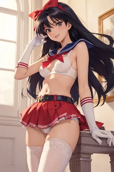 ((TOP QUALITY)), (( masterpiece)), ( exhaustive), perfect face,white gloves, white knee socks,Mischievous Sailor Mars shows off her small panties, small bra, girder belt
