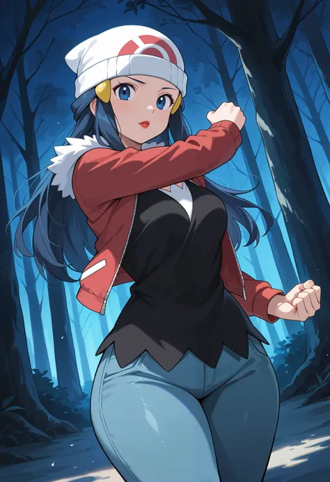 score_9, score_8_up, score_7_up, source_anime, 1girl. solo. pokemon dawn, dark blue. hair, blue eyes, sidelocks, long hair, hat, beanie, white headwear, medium breasts, huge hips. battoujutsu stance, looking at viewer,| looking at viewer, red lips, cowboy ...