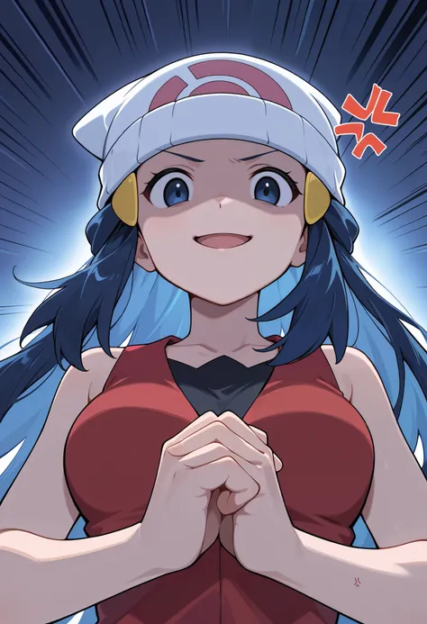 score_9, score_8_up, score_7_up, source_anime, pokemon dawn, dark blue hair, blue eyes, sidelocks, long hair, hat, beanie, white headwear, medium breasts, cracking knuckles, shaded face, open mouth, looking at viewer, looking down, fist in hand, own hands ...