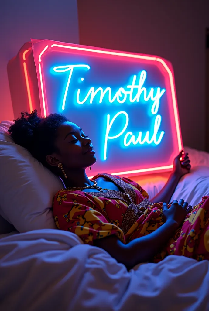 A beautiful African girl dressing traditional clothes with beautful smile sleep on bed holded a big banner with NEON GLOW EFFECT NAMED TIMOTHY PAUL in a room of dim light 