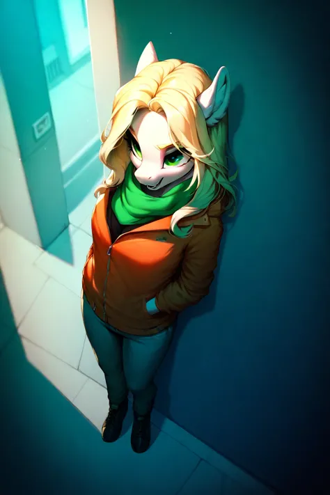 The character in the image has long, flowing blonde pony hair and striking green eyes. She is wearing a stylish outfit that includes a colorful scarf and an orange jacket. The background suggests an urban setting, possibly from inside a vehicle, with a foc...