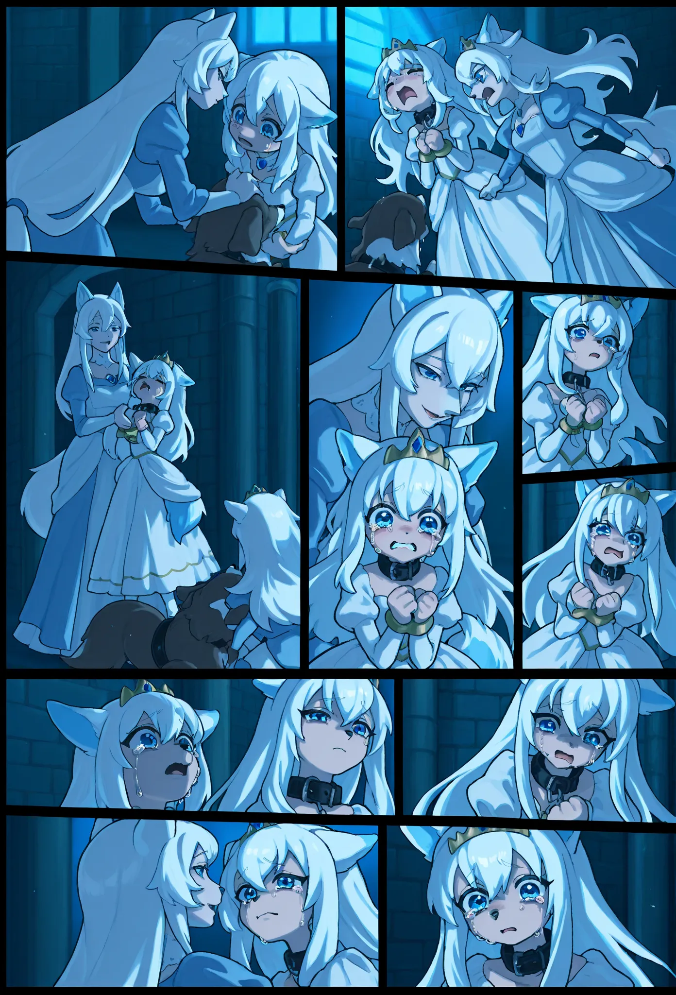 furのような, animal ears,Tail,[[fur]], blue eyes,cute,dress fox girl,anime style, 白いfur,  dog restraint,  crying face,  comics, next scene , middle hair,Princess, collar ,assault,Mother and daughter, white hair,Killing 