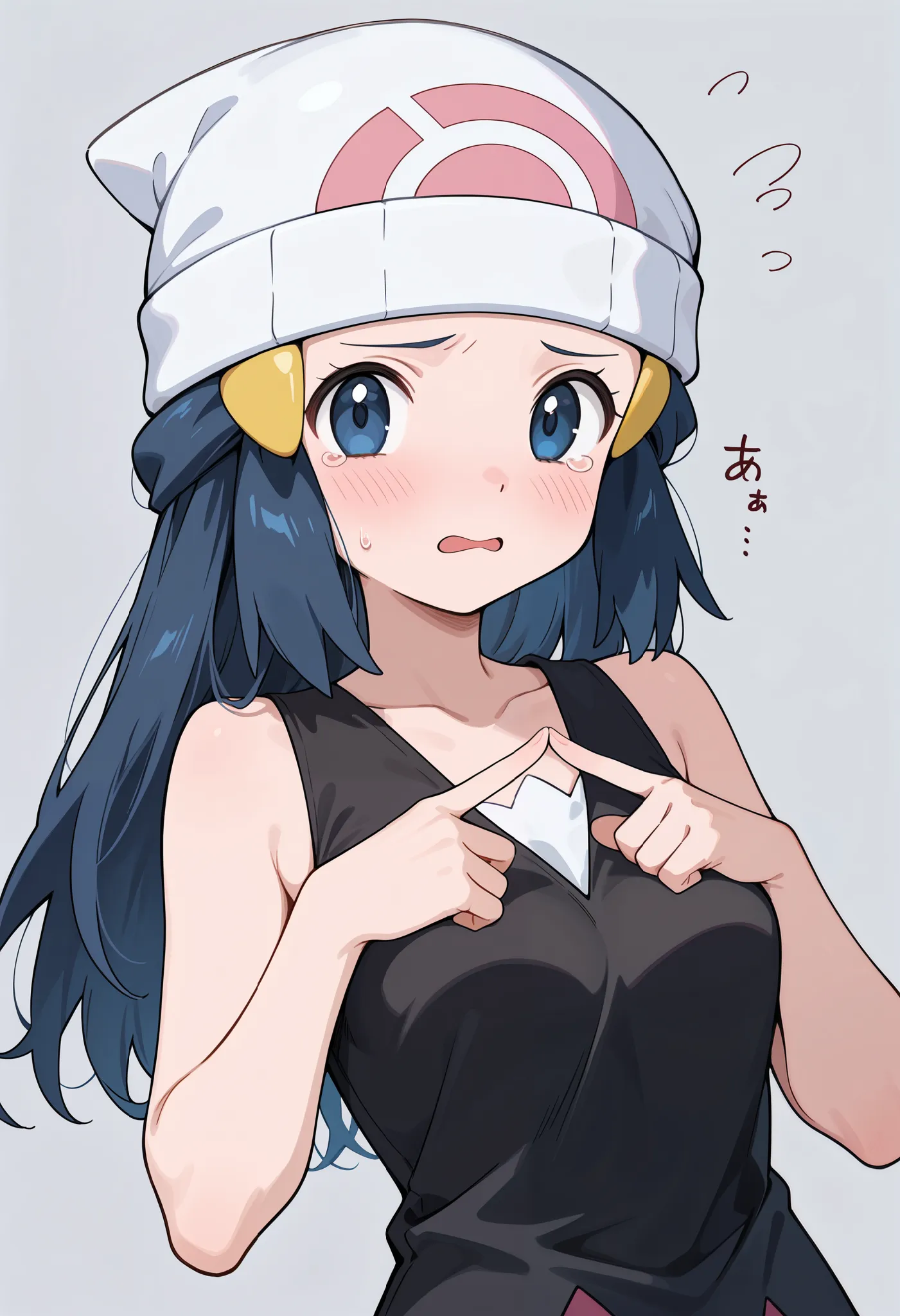 score_9, score_8_up, score_7_up, source_anime, 1girl. solo. pokemon dawn, dark blue hair, blue eyes, sidelocks, long hair, hat, beanie, white headwear, medium breasts, fidgeting index fingers together, index fingers together, open mouth, looking at viewer,...