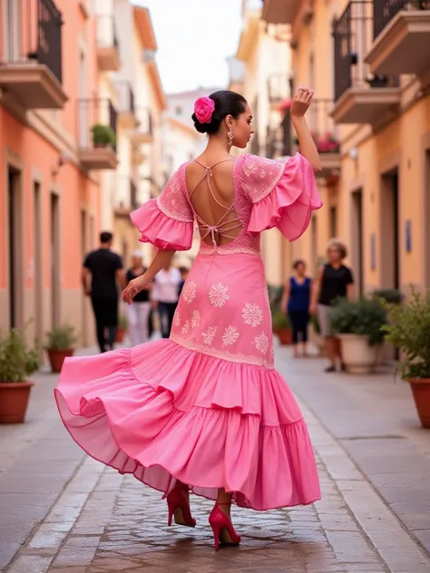 A graceful woman dancing in a narrow cobblestone street lined with pinkish-orange buildings and decorative balconies. She wears a flowing pink flamenco-style dress with layered ruffled hems adorned with delicate floral motifs, elbow-length bell sleeves, an...