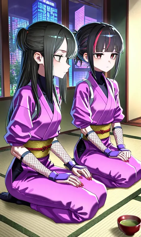 sfw, gyaru, cool beauty, retro future, cyberpunk background, 2 girls, japan hairstyle, black hair, streaked hair, small breast, [emaciated:1.3], expressionless, Polite, ninja costume, line pattern wear, seiza, no shoes, tatami, green tea_bowl on side, wind...