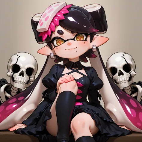 ( best quality、masterpiece、 very detailed、one girl 、callie form splatoon, cute face、From the knee up、 gothic lolita fashion 、  detail eye 、Small red cheeks and nose、 cute face、((💀、☠、 girl 、💀)))、callie form splatoon