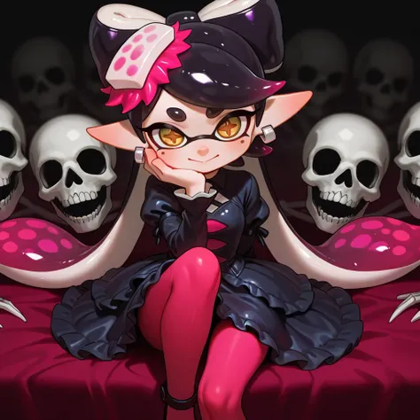 ( best quality、masterpiece、 very detailed、one girl 、callie form splatoon, cute face、From the knee up、 gothic lolita fashion 、  detail eye 、Small red cheeks and nose、 cute face、((💀、☠、 girl 、💀)))、callie form splatoon