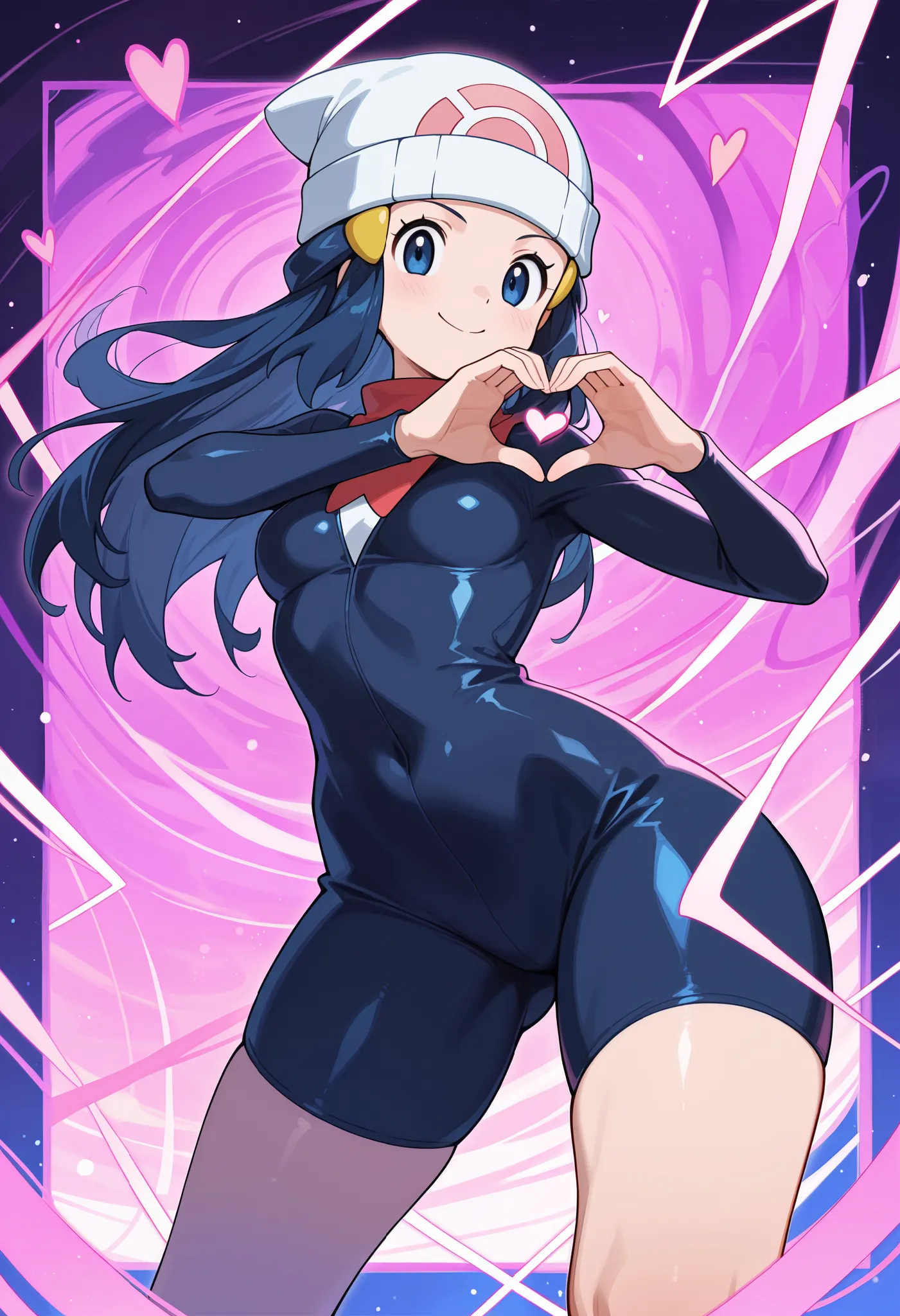 score_9, score_8_up, score_7_up, source_anime, 1girl. solo. pokemon dawn, dark blue. hair, blue eyes, long hair, hat, beanie, white headwear, medium breasts, huge hips. battoujutsu stance, looking at viewer,|  bodysuit, heart hands, abstract background, ne...