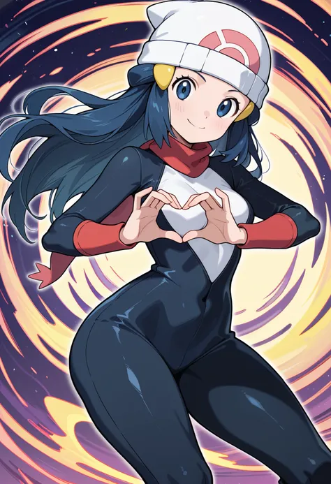 score_9, score_8_up, score_7_up, source_anime, 1girl. solo. pokemon dawn, dark blue. hair, blue eyes, long hair, hat, beanie, white headwear, medium breasts, huge hips. battoujutsu stance, looking at viewer,|  bodysuit, heart hands, abstract background, ne...