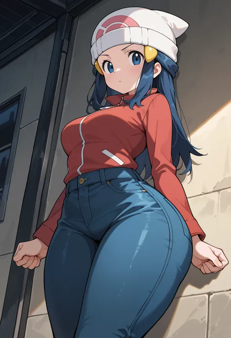 score_9, score_8_up, score_7_up, source_anime, 1girl. solo. pokemon dawn, dark blue. hair, blue eyes, sidelocks, long hair, hat, beanie, white headwear, medium breasts, huge hips. battoujutsu stance, looking at viewer,| trimmed jacket, tsirt. jeans, cowboy...