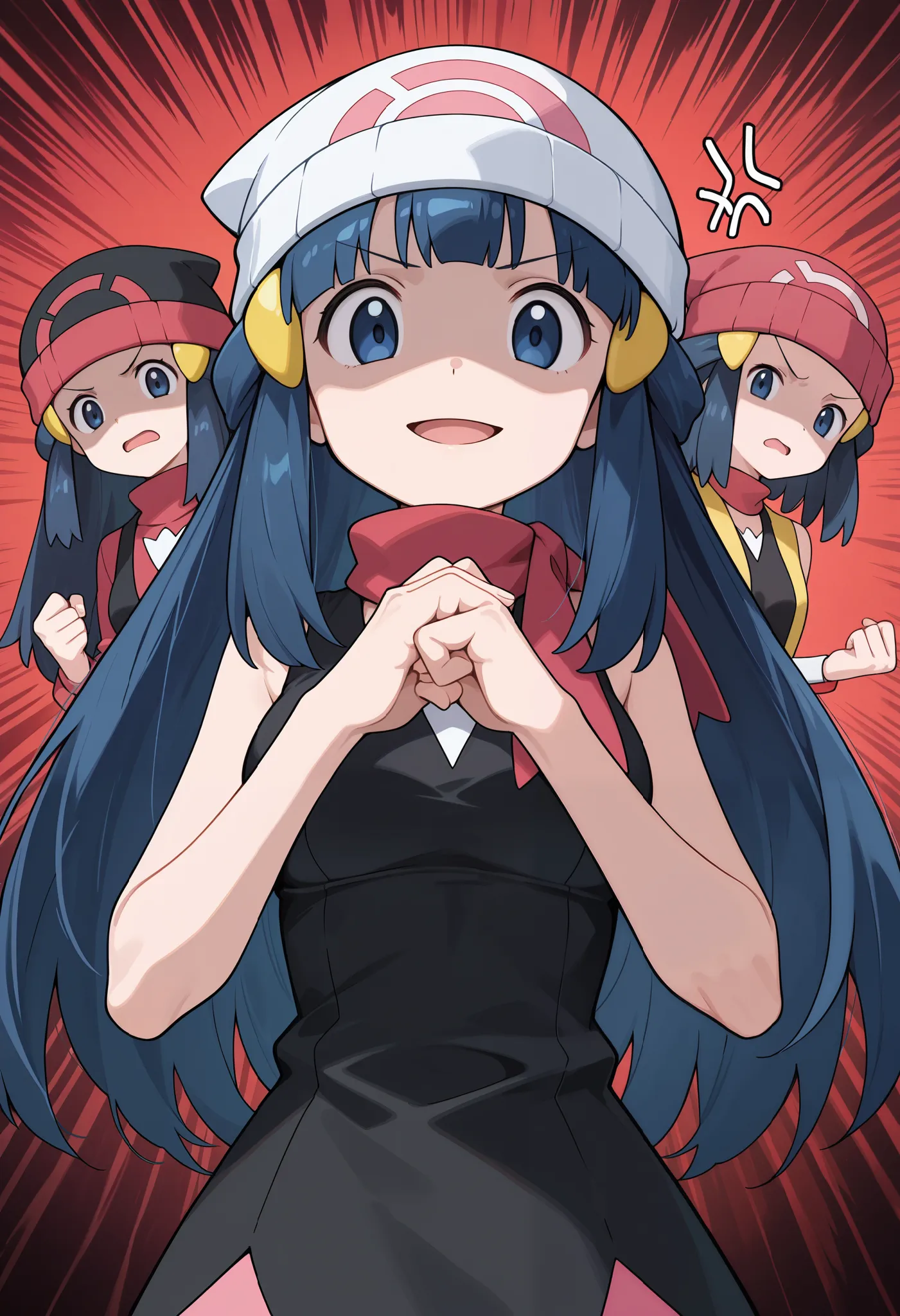 score_9, score_8_up, score_7_up, source_anime, pokemon dawn, dark blue hair, blue eyes, sidelocks, long hair, hat, beanie, white headwear, medium breasts, cracking knuckles, shaded face, open mouth, looking at viewer, looking down, fist in hand, own hands ...