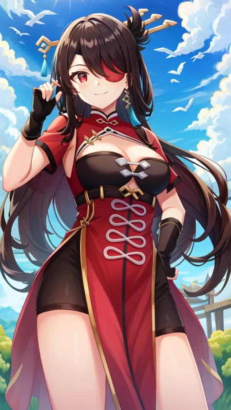 beidou(genshin impact), smile, one eye covered, brown hair, cleavage, bird, eyepatch, solo, hair over one eye, sky, fingerless gloves, thighs, black gloves, red eyes, outdoors, hair ornament, jewelry, dress, earrings, gloves, day, cloud, long hair, looking...