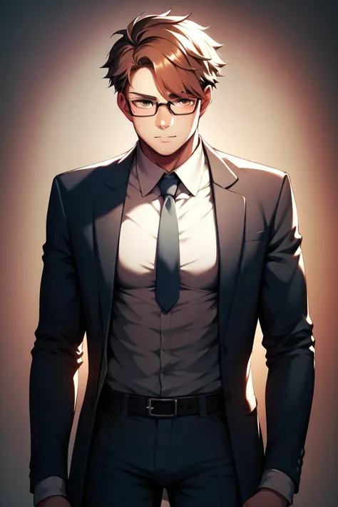 The character in the image appears to be an adult man wearing glasses, a formal outfit that includes a suit and tie. He has a half short, styled brown hair with left bangs. He has a refined attire, conveying a sense of professionalism or readiness. His app...