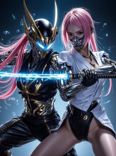 very detailed, high quality, high resolution, 4K.16k, Beautiful ninja who looks like a metallic cyborg humanoid model with long pink hair 、 black armor decorated with gold that reflects metallic light, Blue Lightning Japanese Sword   , Neon Lightning 、Mech...