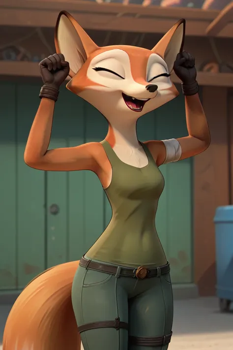 score_9, score_8_up, score_7_up, 1boy, solo,  Expressiveh, (VixSAST, furry, anthro, fox girl, fox tail, closed eyes, orange body, orange fur, green tank top, jeans, gloves, arm bandage), wide hips, legs, thighs, 4k, masterpiece, best quality, highly detail...