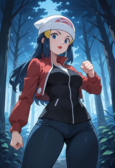 score_9, score_8_up, score_7_up, source_anime, 1girl. solo. pokemon dawn, dark blue. hair, blue eyes, sidelocks, long hair, hat, beanie, white headwear, medium breasts, huge hips. battoujutsu stance, looking at viewer,| looking at viewer, red lips, cowboy ...