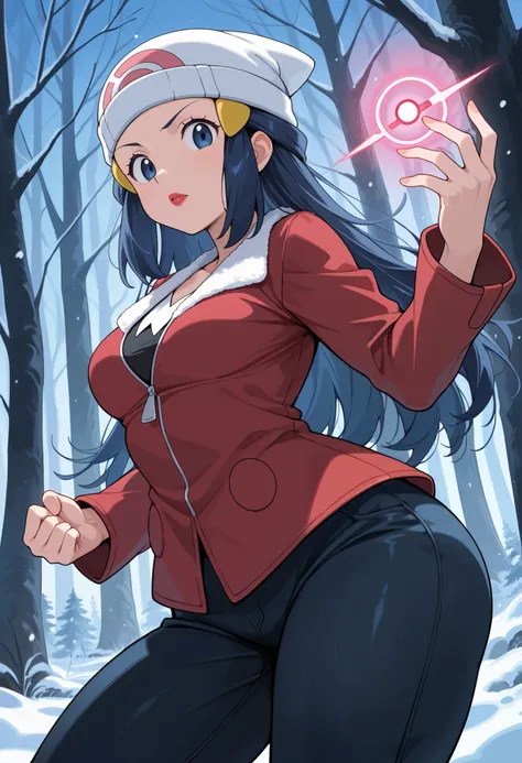 score_9, score_8_up, score_7_up, source_anime, 1girl. solo. pokemon dawn, dark blue. hair, blue eyes, sidelocks, long hair, hat, beanie, white headwear, medium breasts, huge hips. battoujutsu stance, looking at viewer,| looking at viewer, red lips, cowboy ...