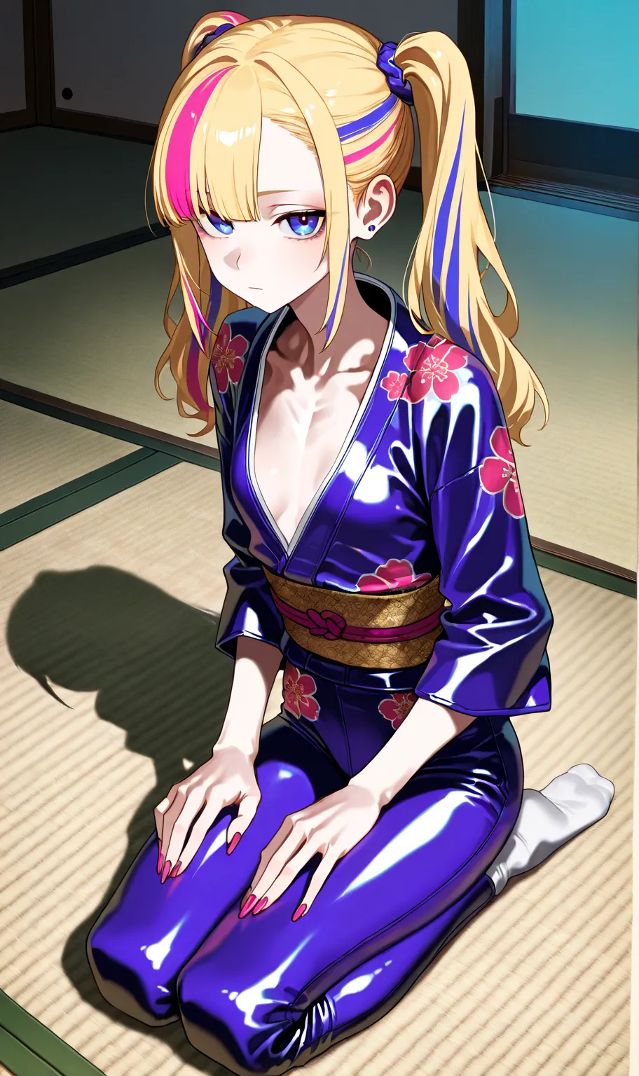 sfw, gyaru, cool beauty, facing, retro future, cyberpunk background, solo girl, japan hairstyle, streaked hair, small breast, [emaciated:1.3], expressionless, Polite, simple long wahuku, figure pattern wear, seiza, no shoes, tatami, 