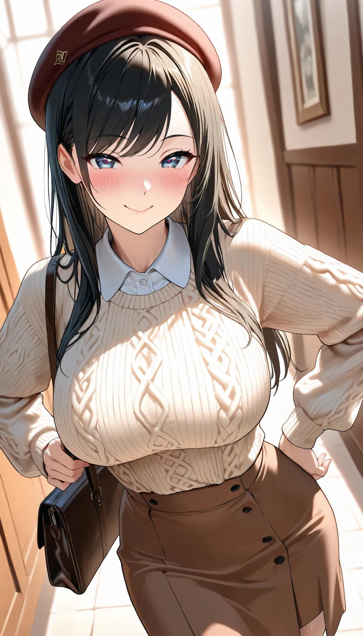 (best quality, masterpiece, ultra detailed, high resolution), Beautiful 8K CG artwork, Enriched photography, anatomically accurate body, depth of field,  1girl, elegant yet sexy girl, (long hair, black straight hair, swept bangs), 
round large breasts, bre...